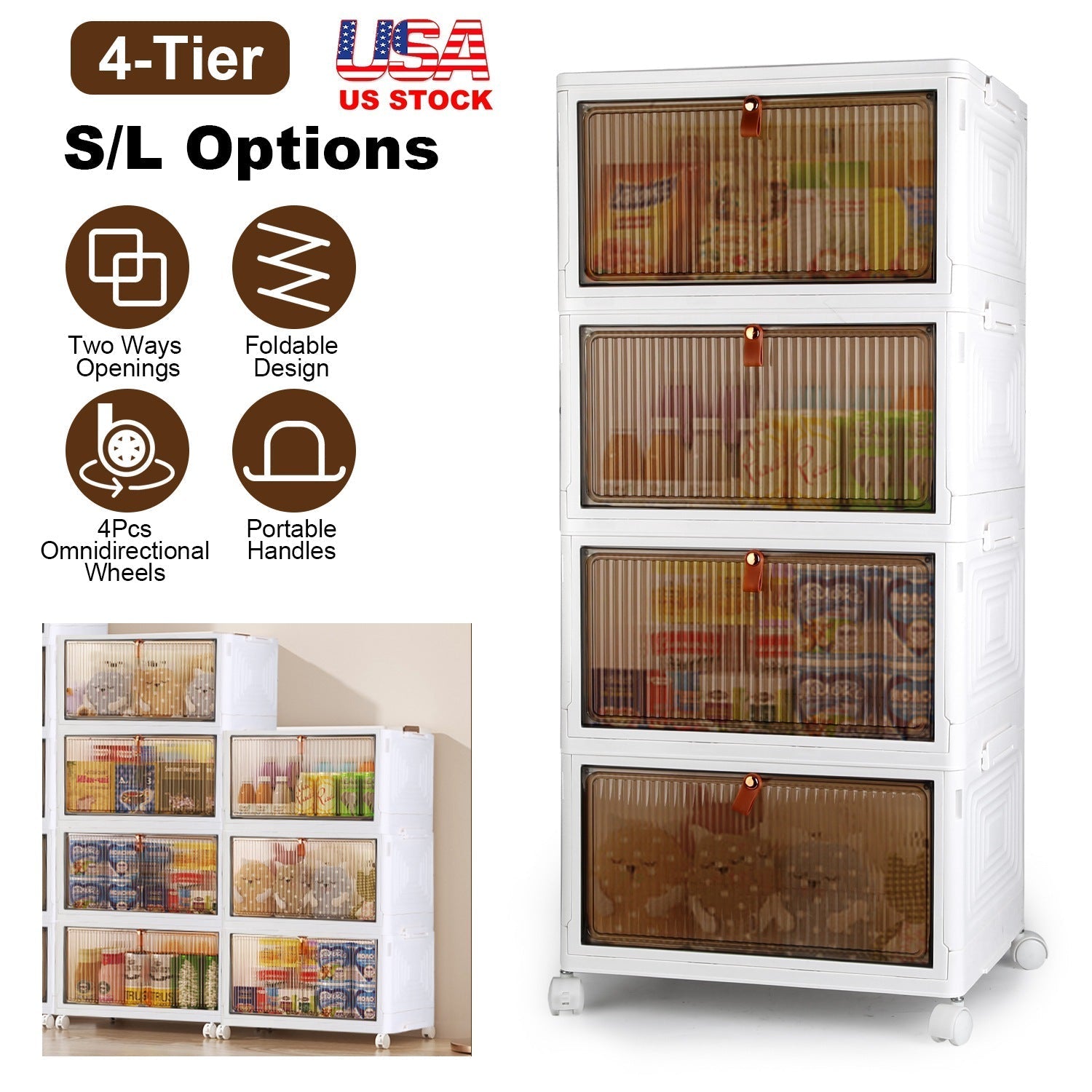 4-Tier Foldable Storage Bins With Wheels And Lid