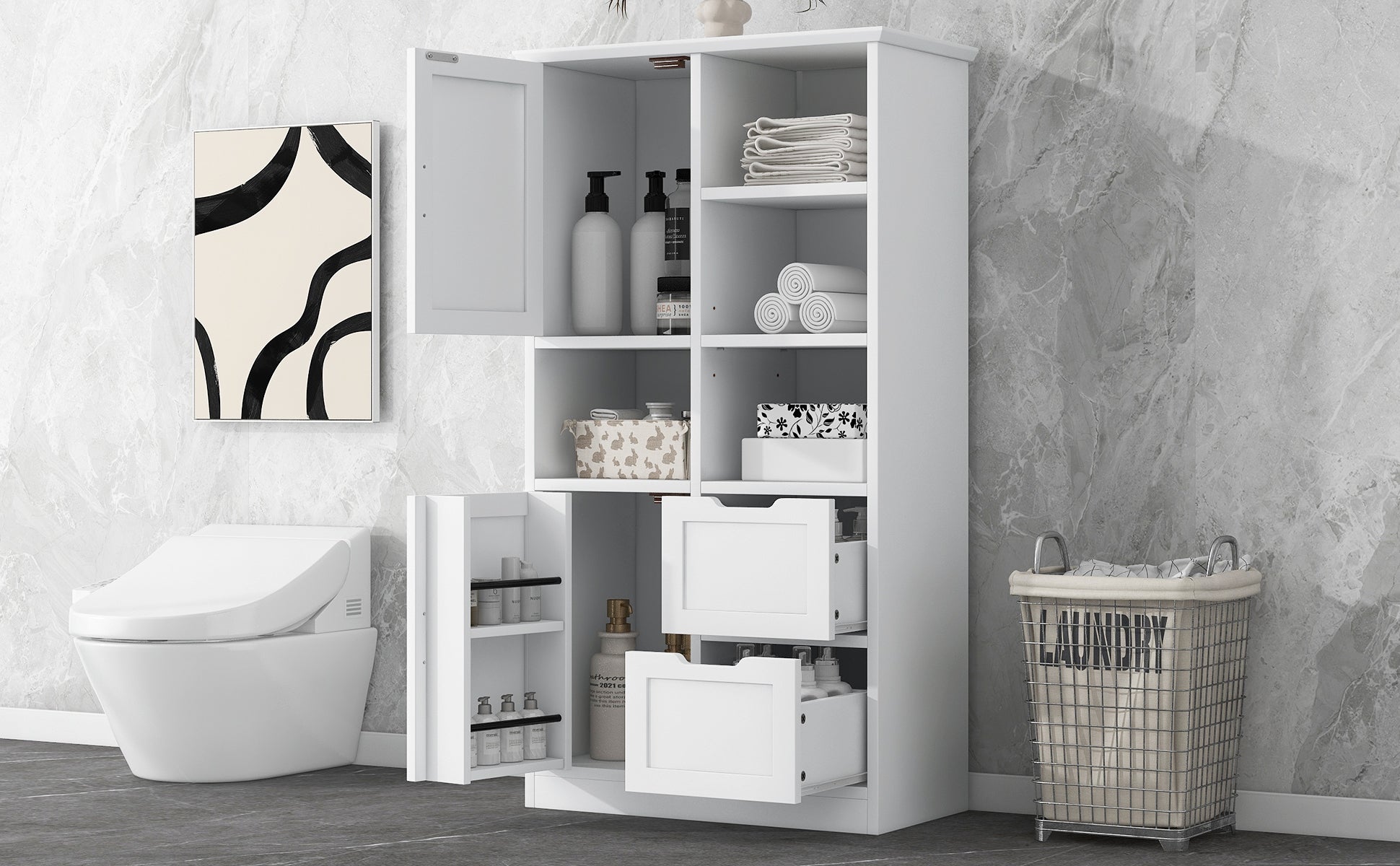 White Bathroom Storage Cabinet With Doors Drawers Shelves