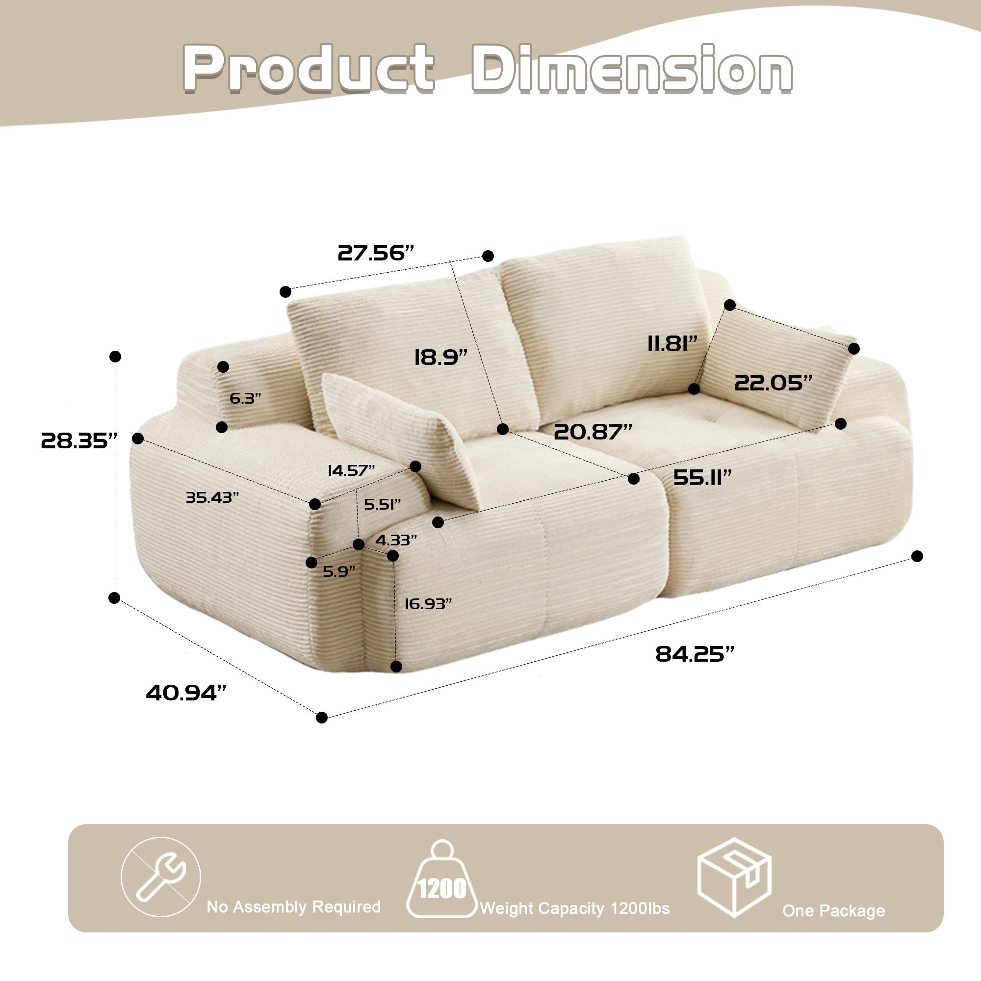 2-Seater Large Sectional Sofa Couch Living Room