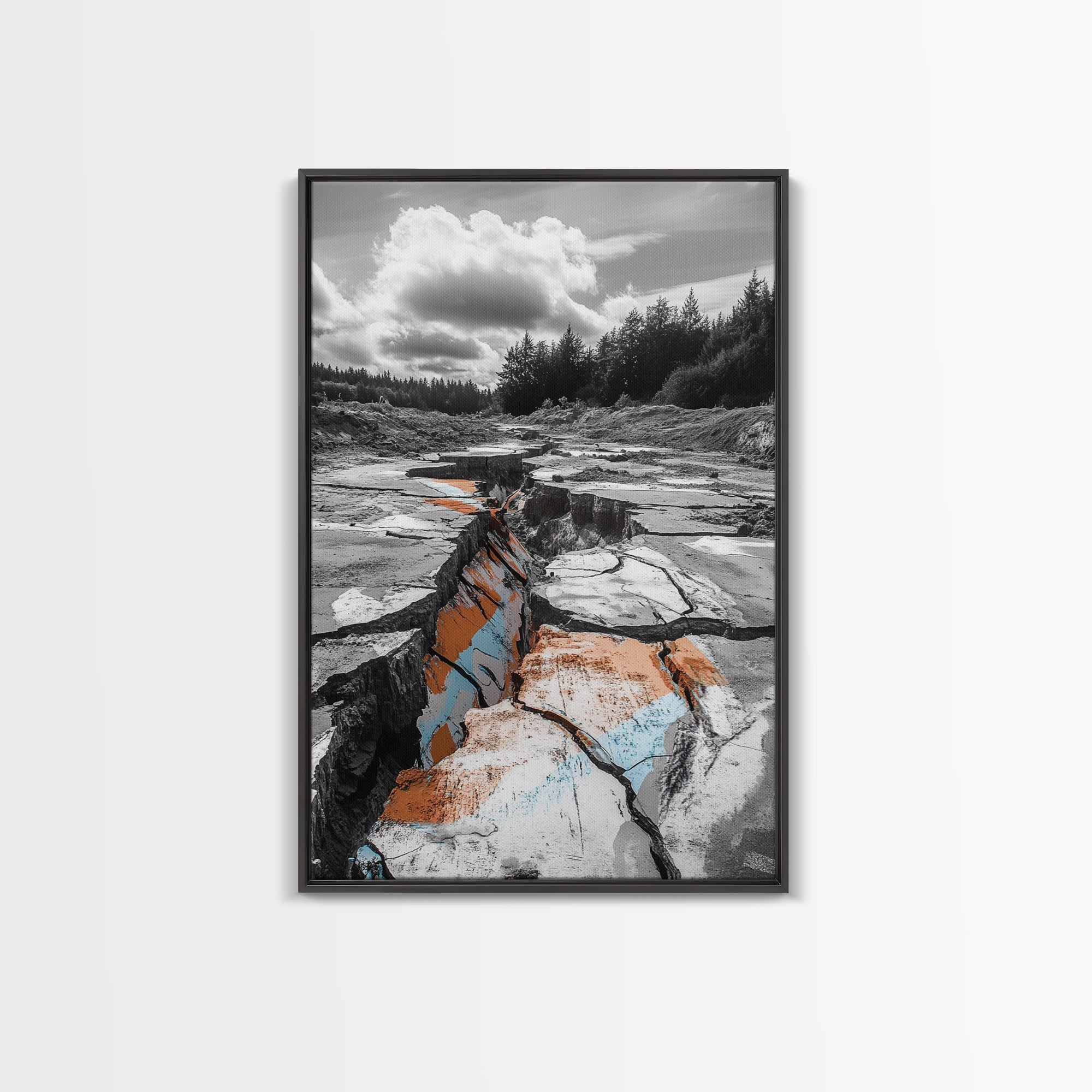 Cracked Earth, Desert Scene, Color Splash Photography, Framed Canvas Print, Modern Nature Wall Art, Industrial Decor, Earth Tones