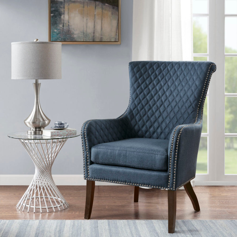 27" Blue Accent Chair Quilted Back Nailhead Trim