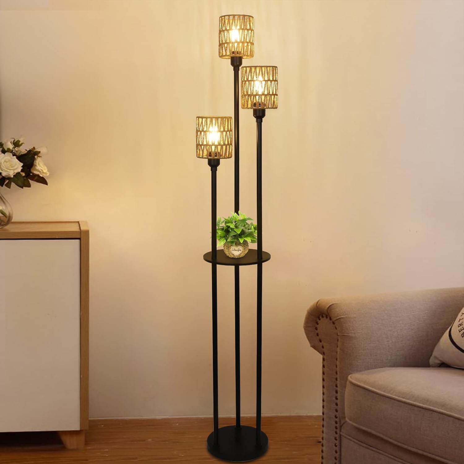 Boho Floor Lamp With Shelves Rattan Shades