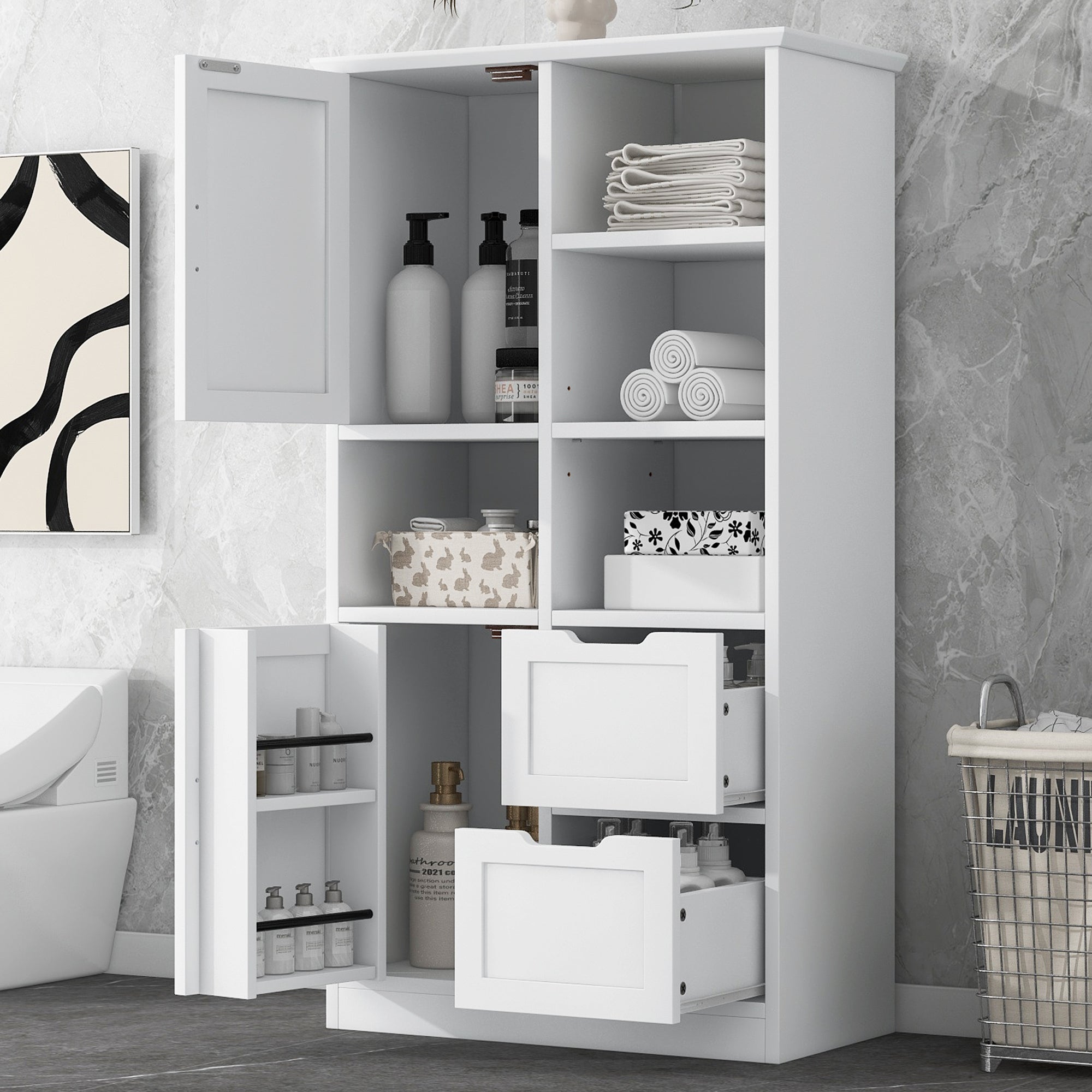 White Bathroom Storage Cabinet With Doors Drawers Shelves