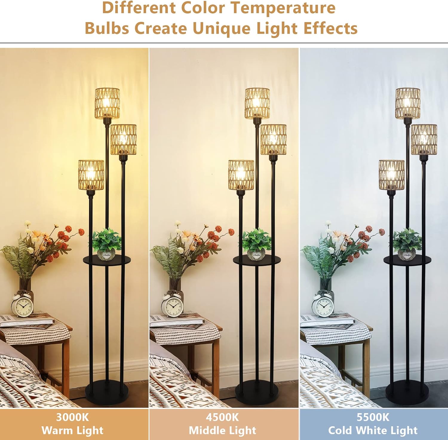 Boho Floor Lamp With Shelves Rattan Shades
