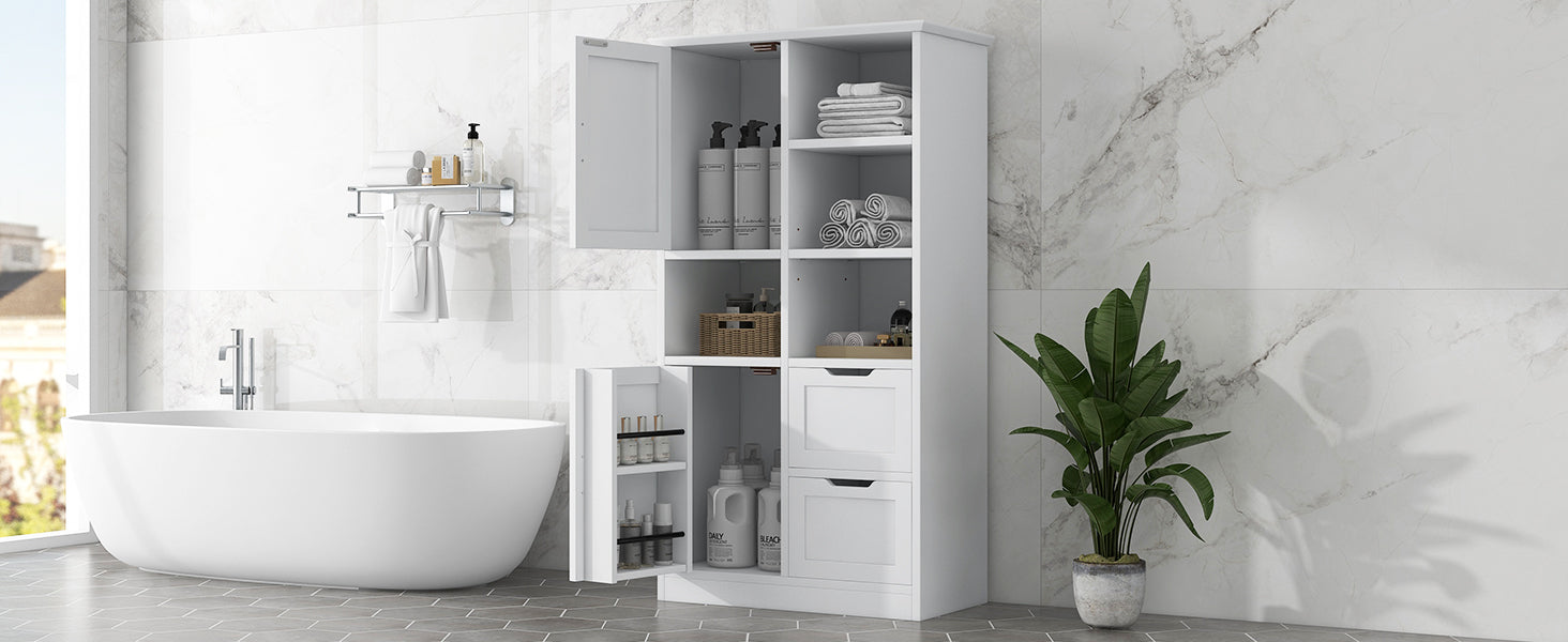 White Bathroom Storage Cabinet With Doors Drawers Shelves