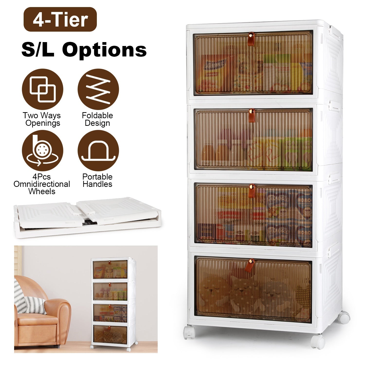 4-Tier Foldable Storage Bins With Wheels And Lid