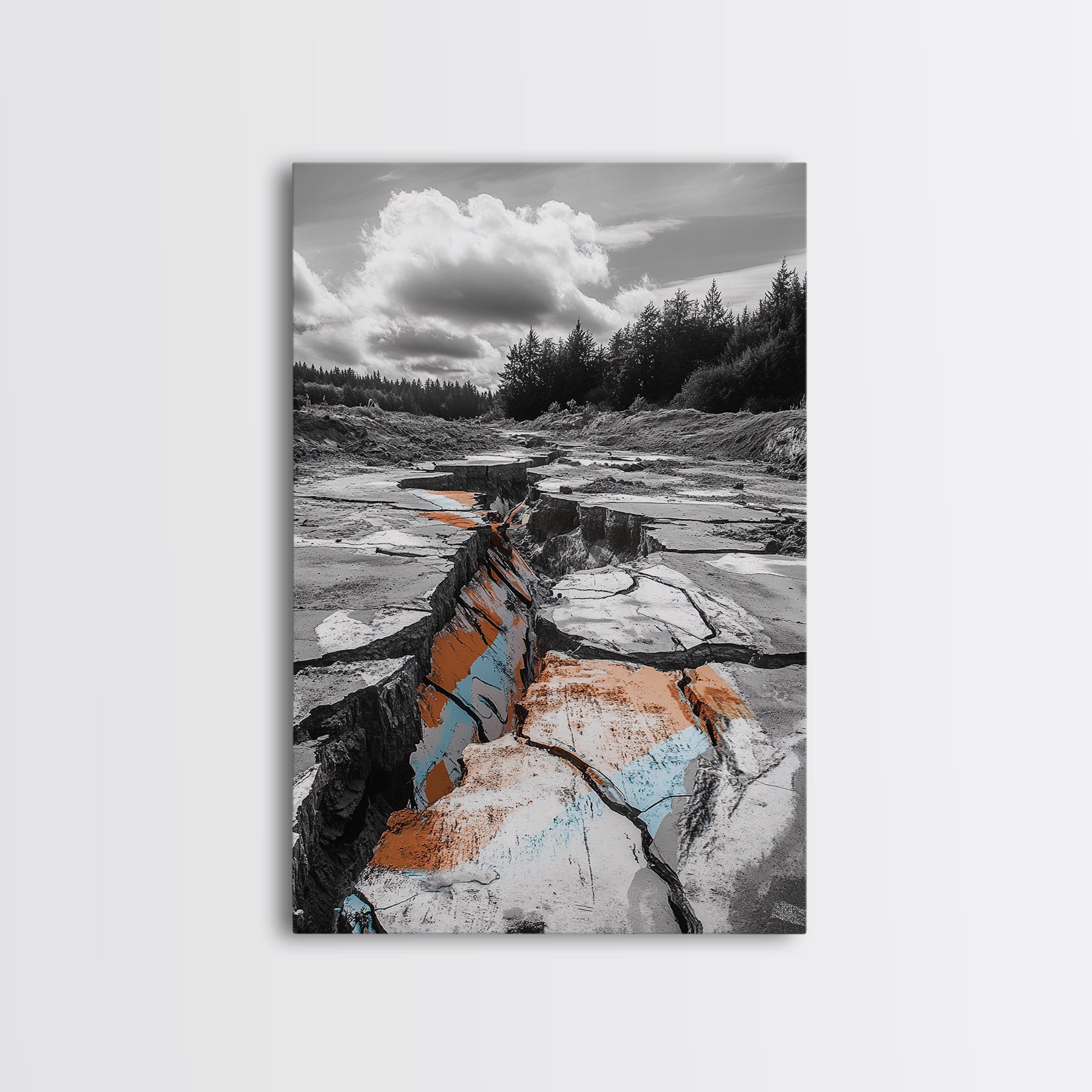 Cracked Earth, Desert Scene, Color Splash Photography, Framed Canvas Print, Modern Nature Wall Art, Industrial Decor, Earth Tones