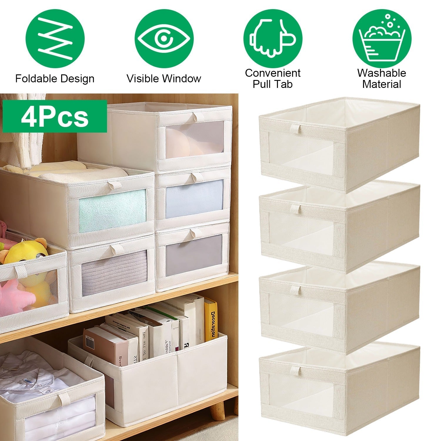 4-Pack Foldable Linen Storage Bins With Clear Window