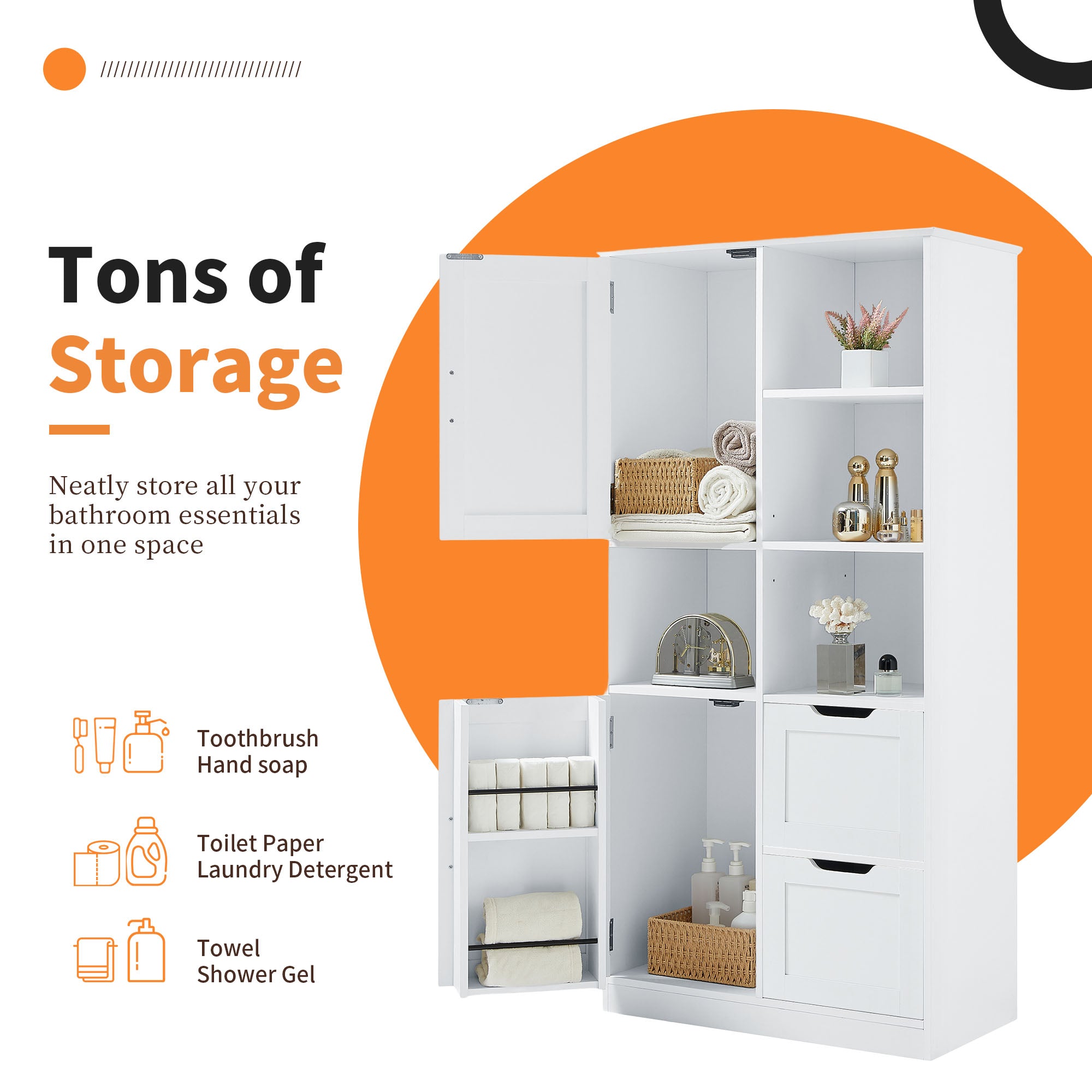 White Bathroom Storage Cabinet With Doors Drawers Shelves