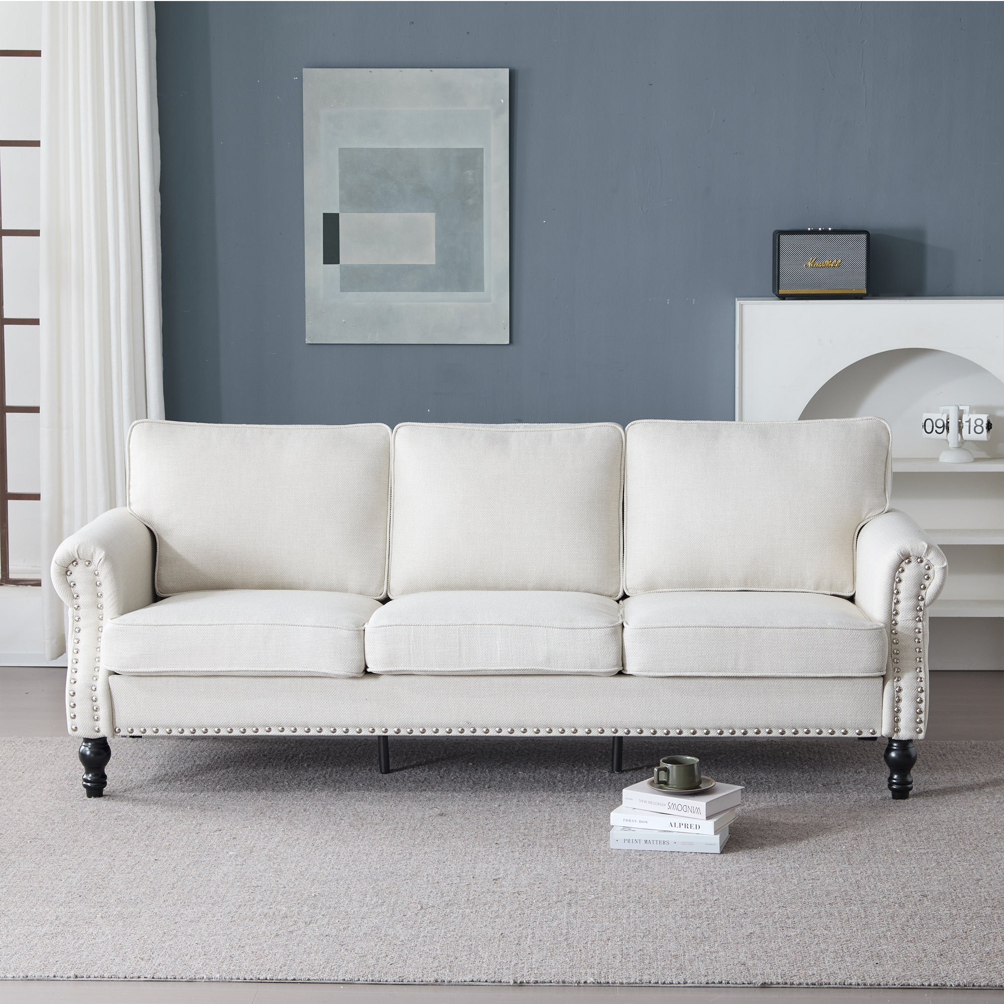 83 Inch Faux Leather Rolled Arm Sofa with Nailhead Trim