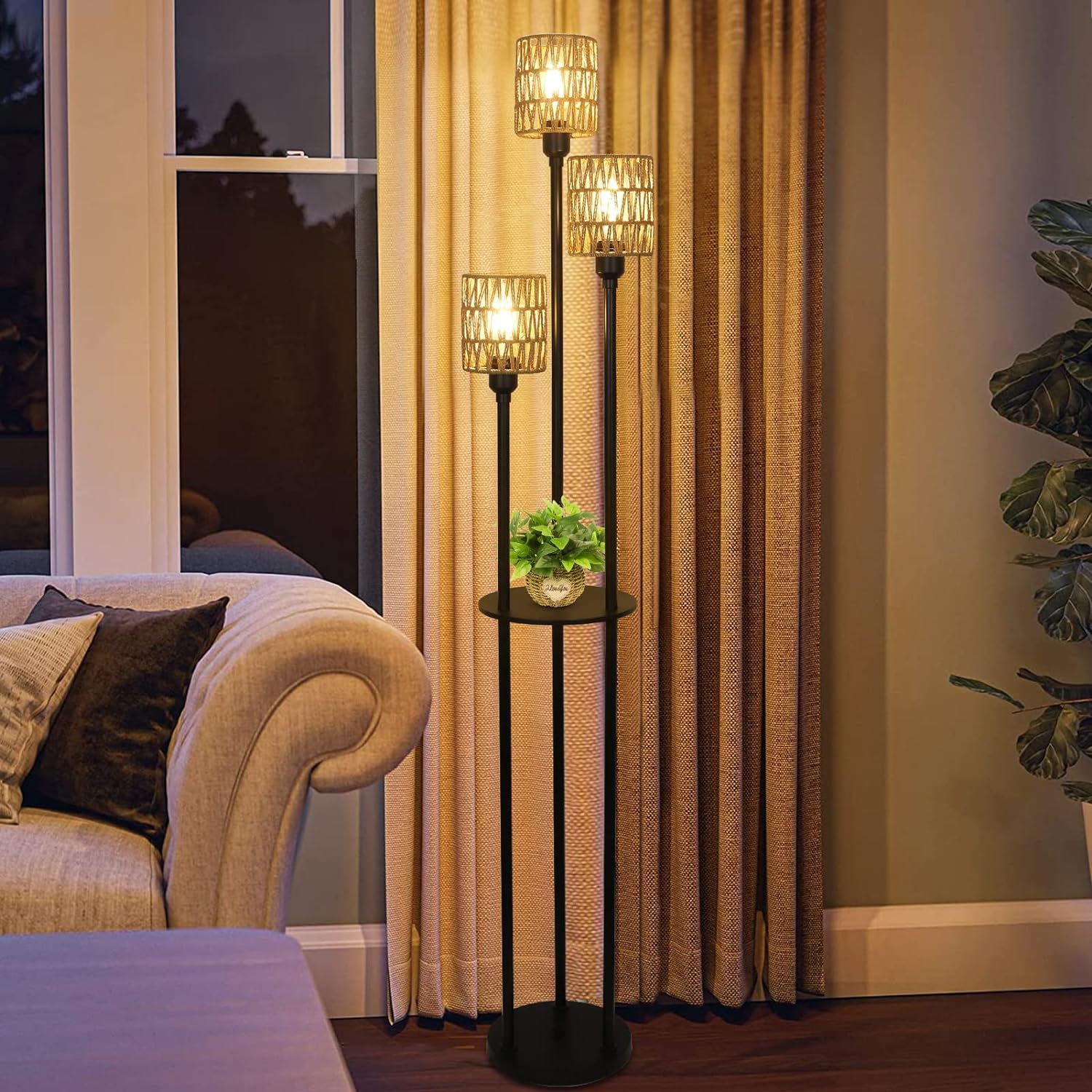 Boho Floor Lamp With Shelves Rattan Shades