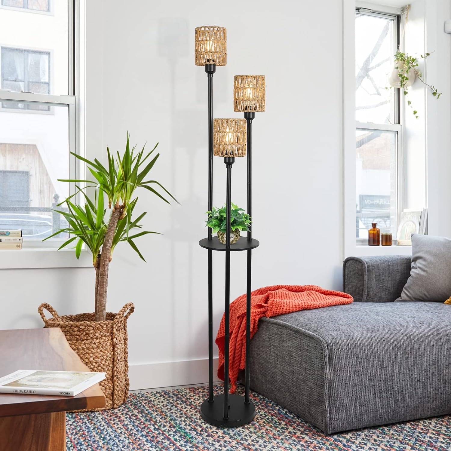 Boho Floor Lamp With Shelves Rattan Shades