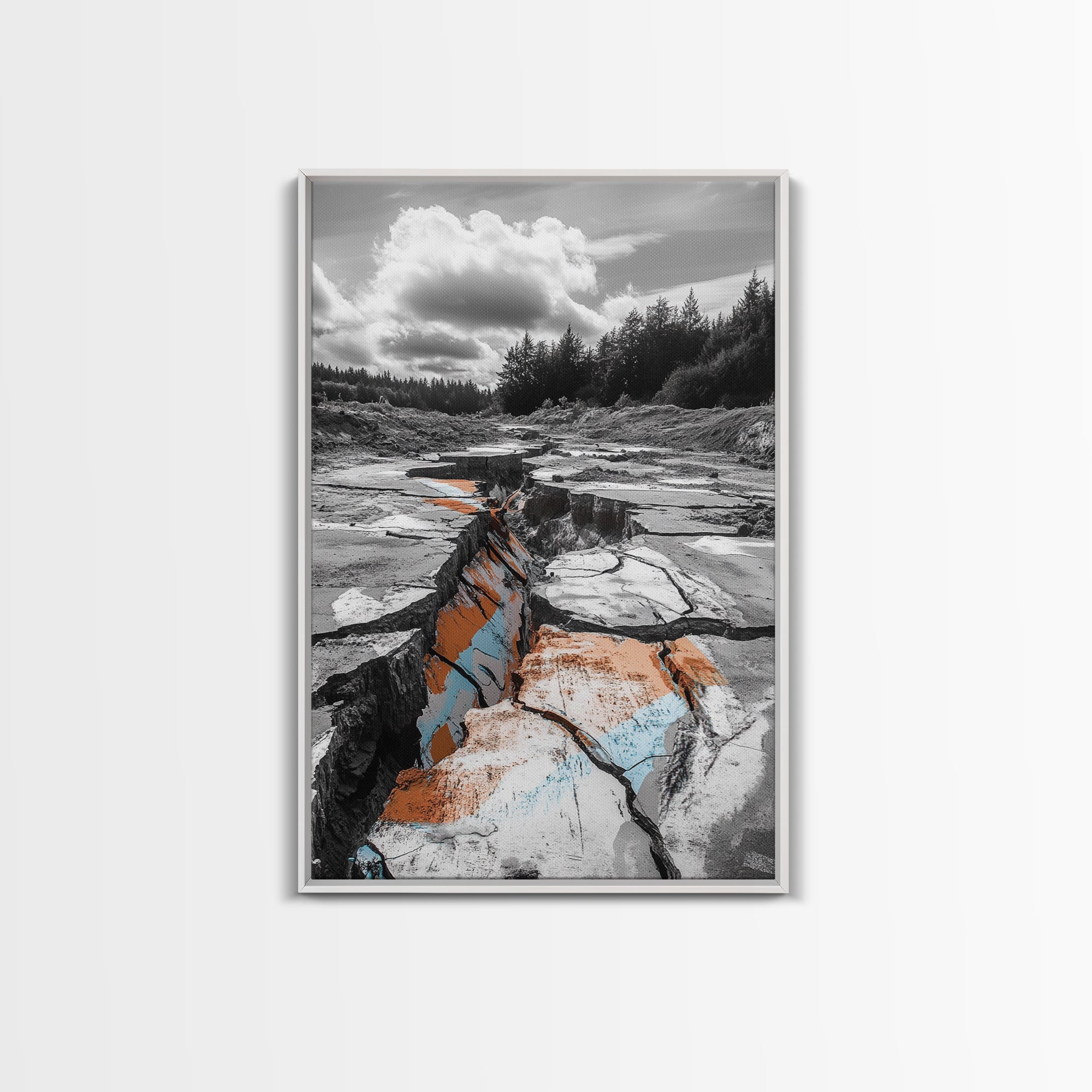 Cracked Earth, Desert Scene, Color Splash Photography, Framed Canvas Print, Modern Nature Wall Art, Industrial Decor, Earth Tones