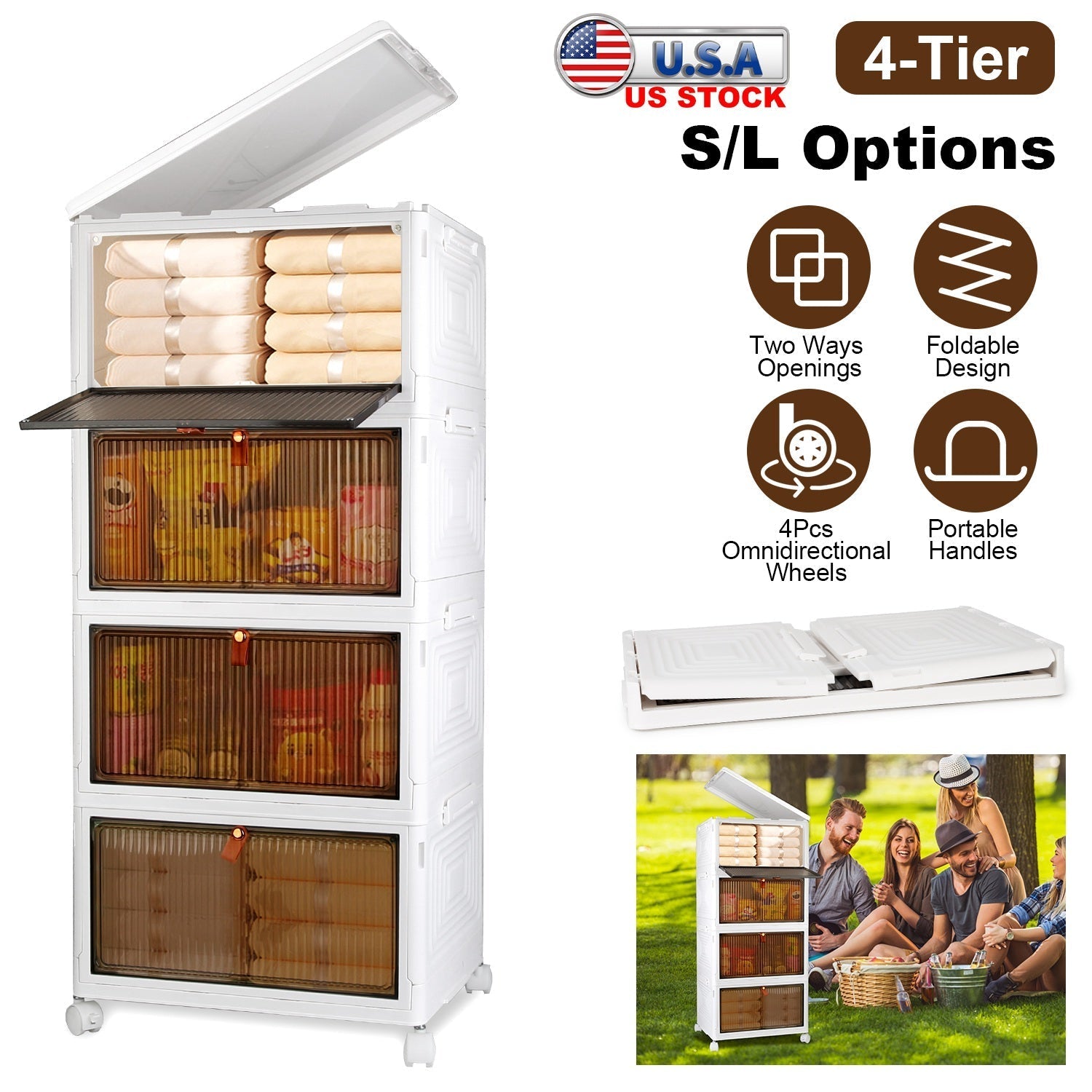 4-Tier Foldable Storage Bins With Wheels And Lid