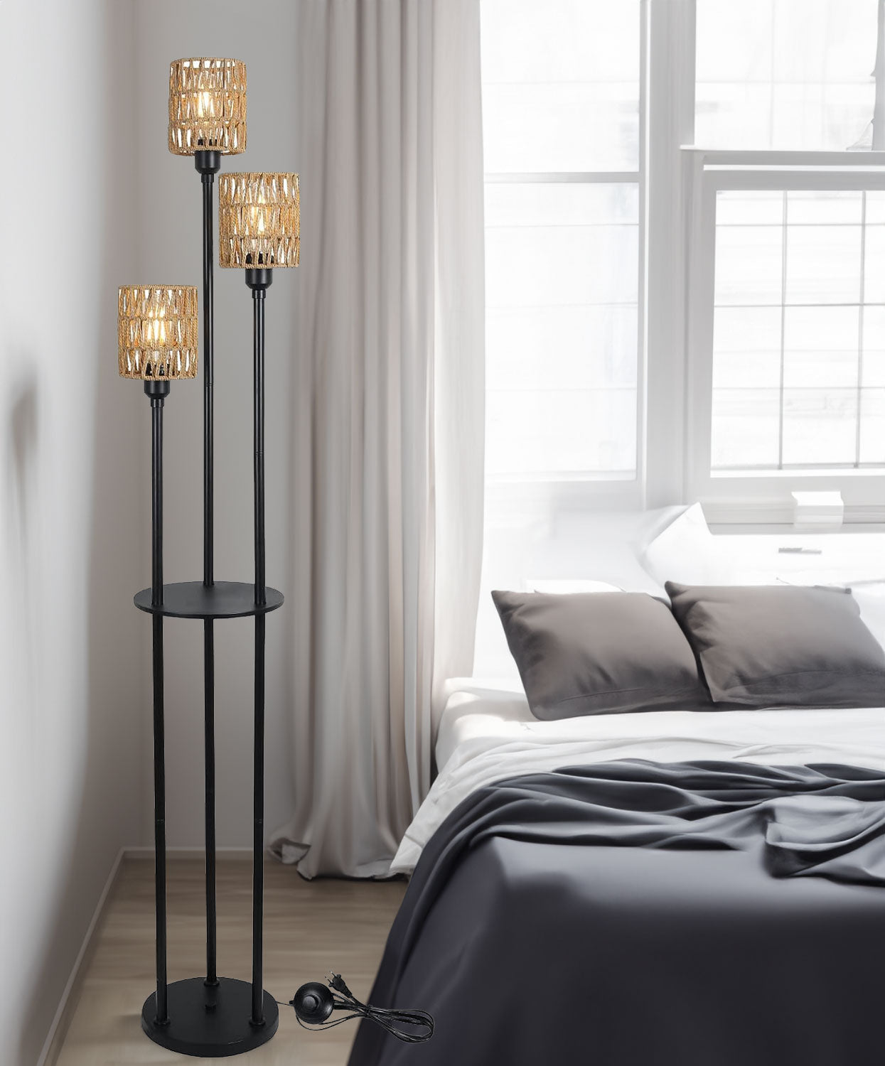 Boho Floor Lamp With Shelves Rattan Shades