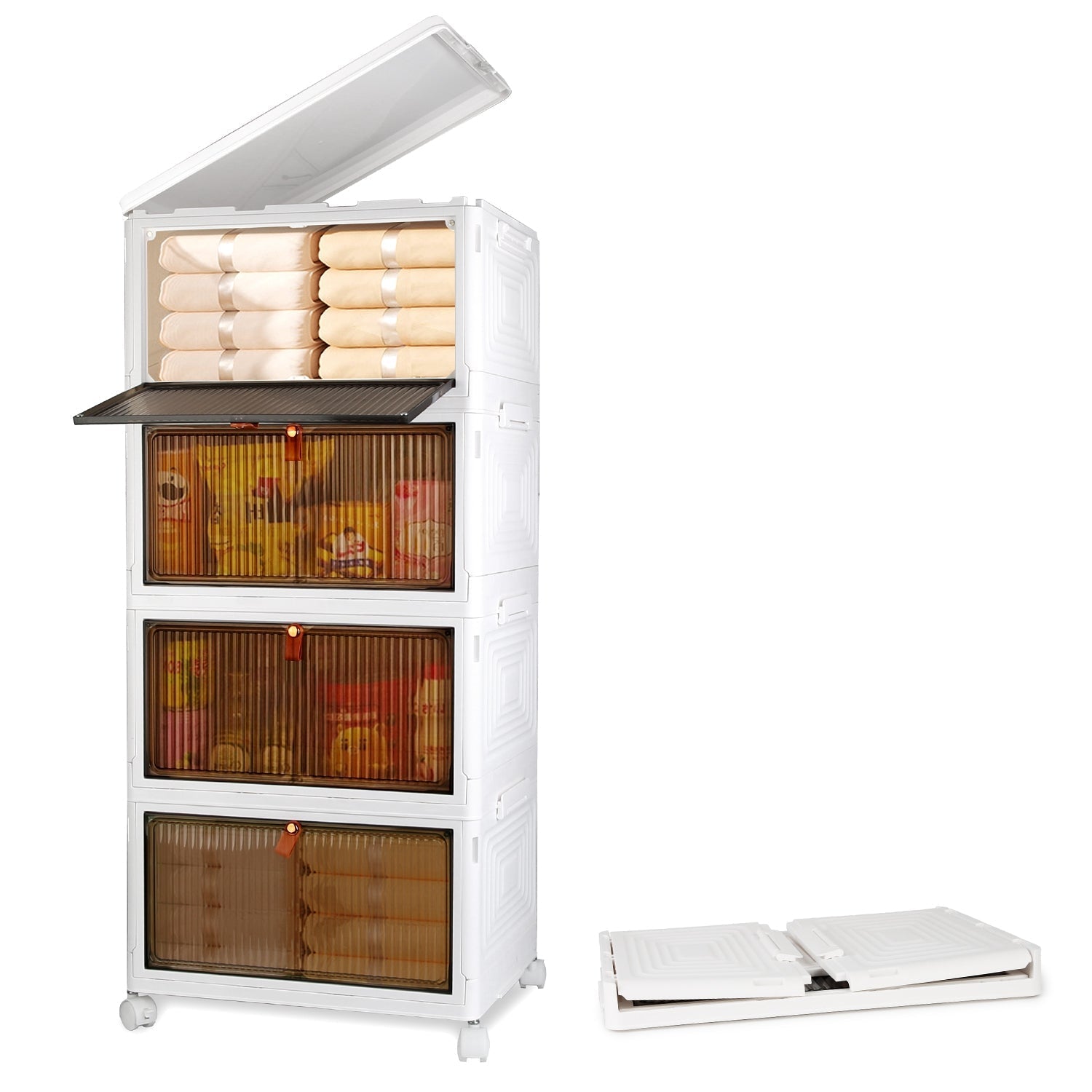 4-Tier Foldable Storage Bins With Wheels And Lid
