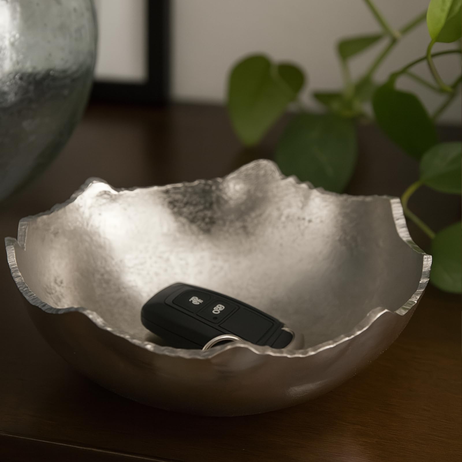 Silver Hammered Metal Moon Decorative Centerpiece Bowl