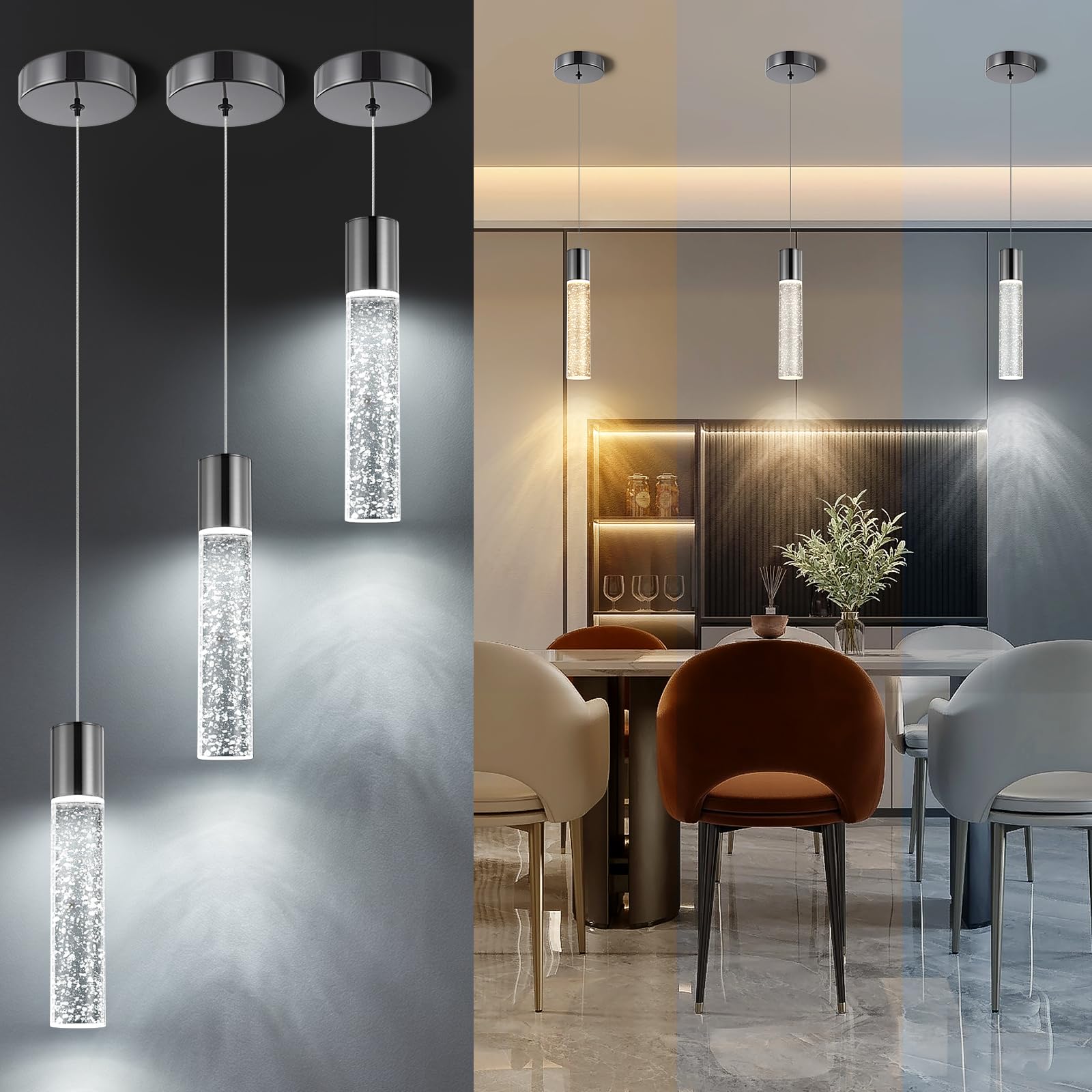 Crystal Pendant Light Fixtures | 3CCT Dimmable LED Mini Island Lights for Kitchen, 9.6" Chrome, 2700K-6000K, ETL
