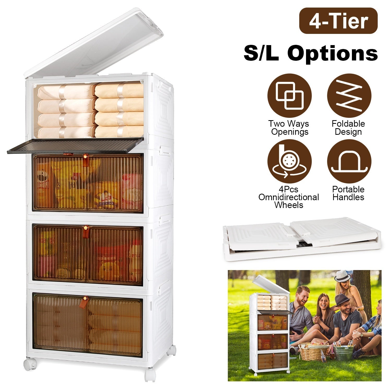 4-Tier Foldable Storage Bins With Wheels And Lid