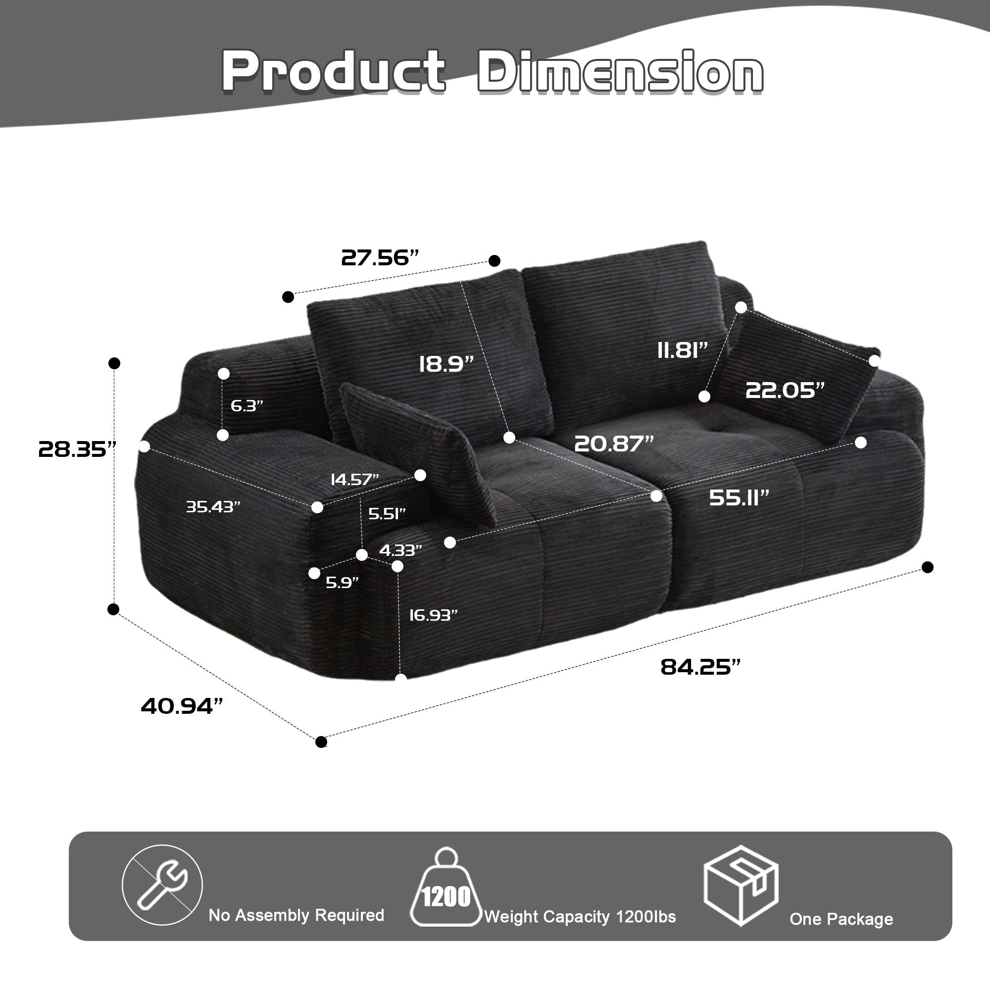 2-Seater Large Sectional Sofa Couch Living Room