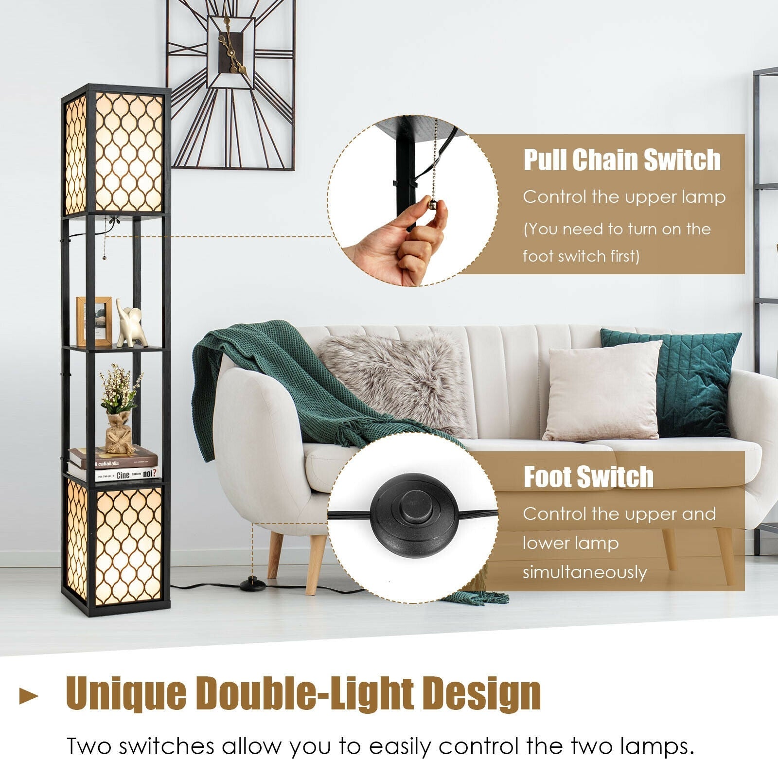 Modern Shelf Floor Lamp With Double Pull Chains