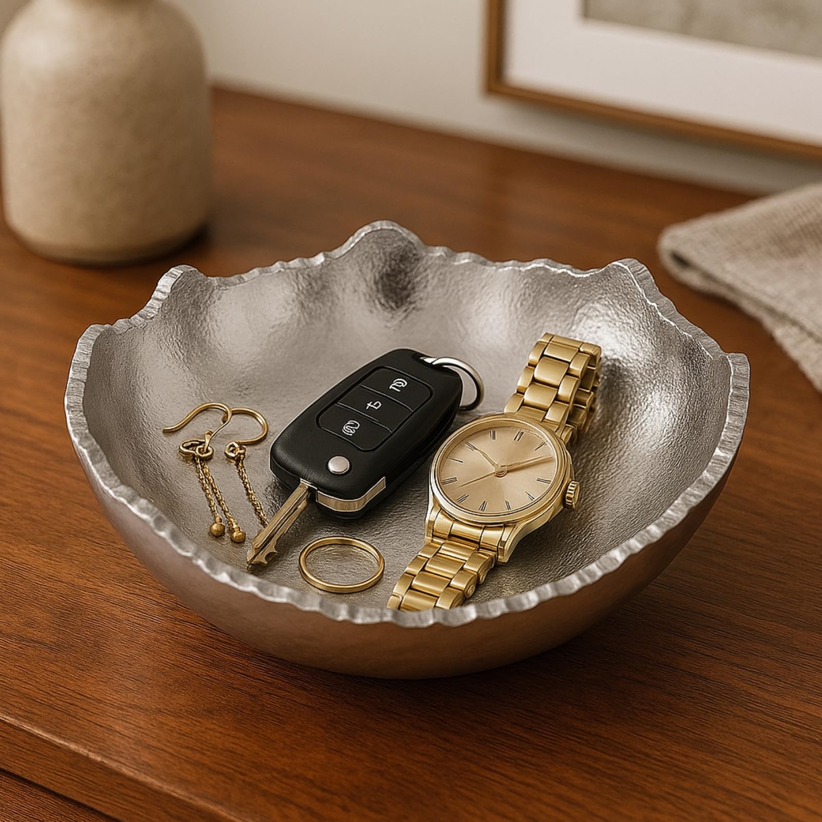 Silver Hammered Metal Moon Decorative Centerpiece Bowl
