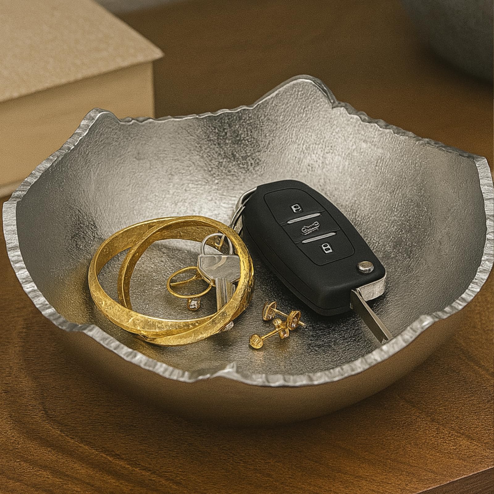 Silver Hammered Metal Moon Decorative Centerpiece Bowl