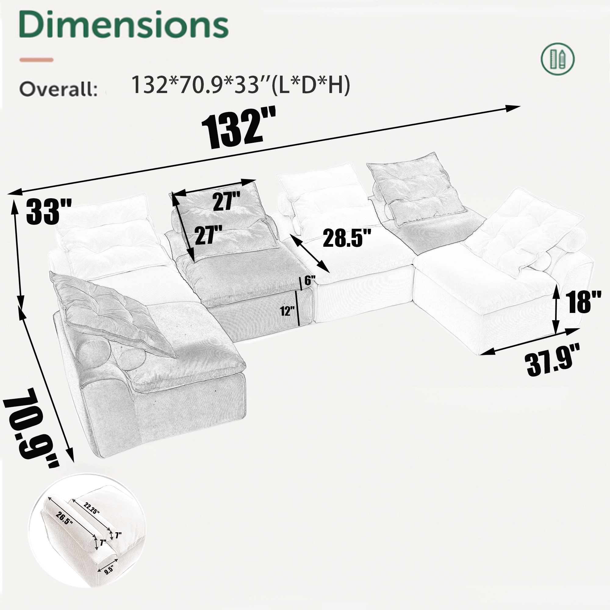 Modular Sofa 6-Piece Set in Beige Corduroy by GigaTech
