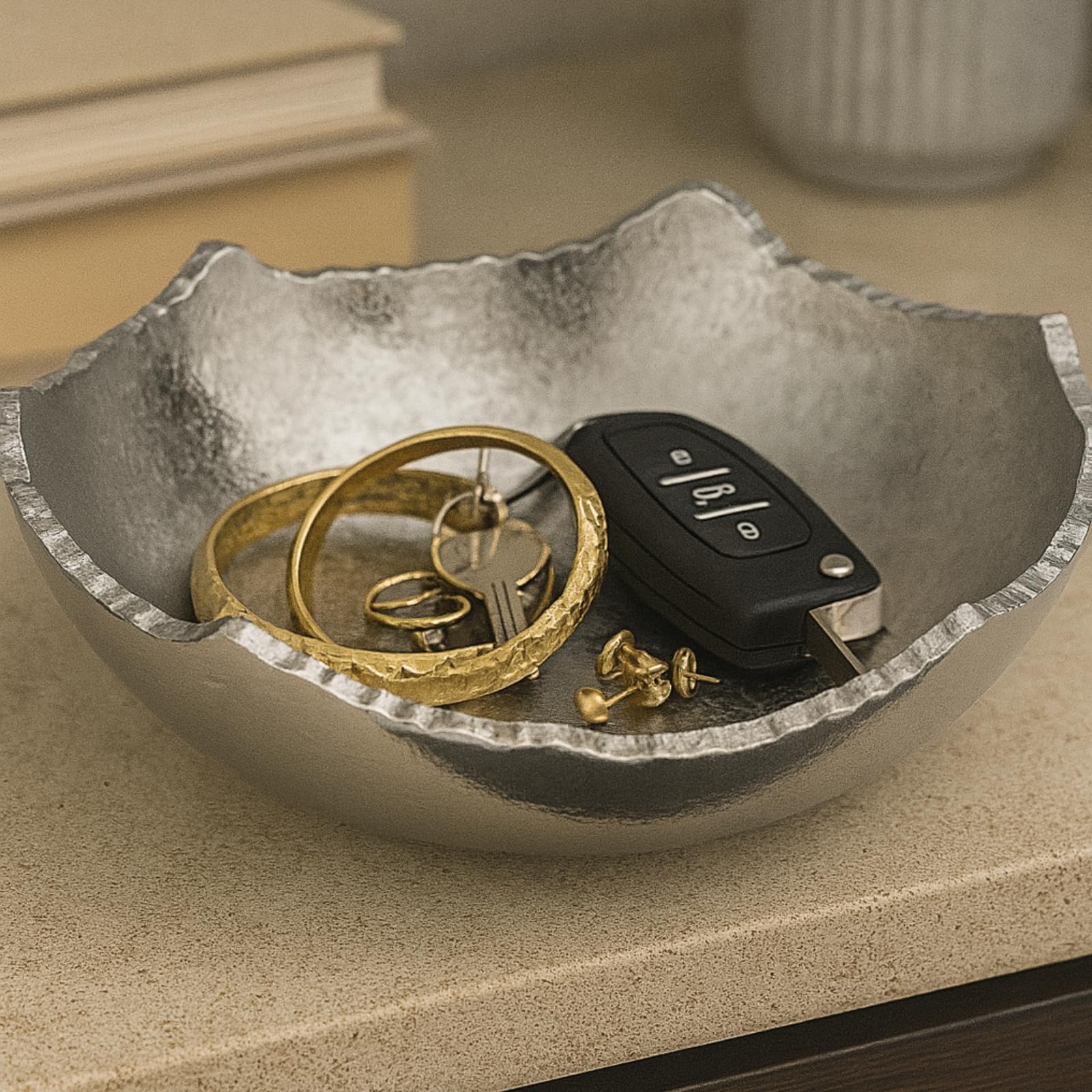 Silver Hammered Metal Moon Decorative Centerpiece Bowl