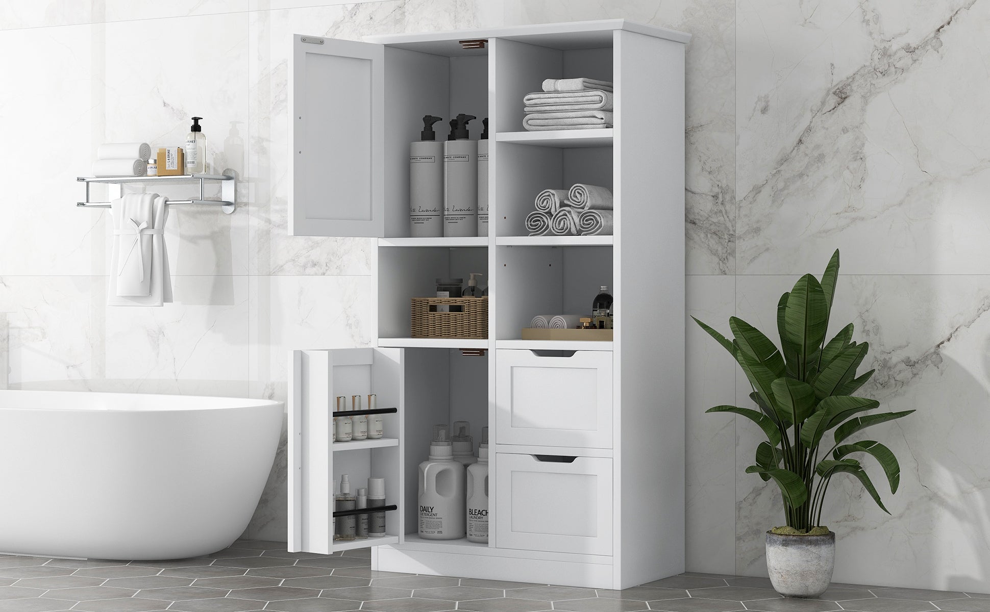 White Bathroom Storage Cabinet With Doors Drawers Shelves