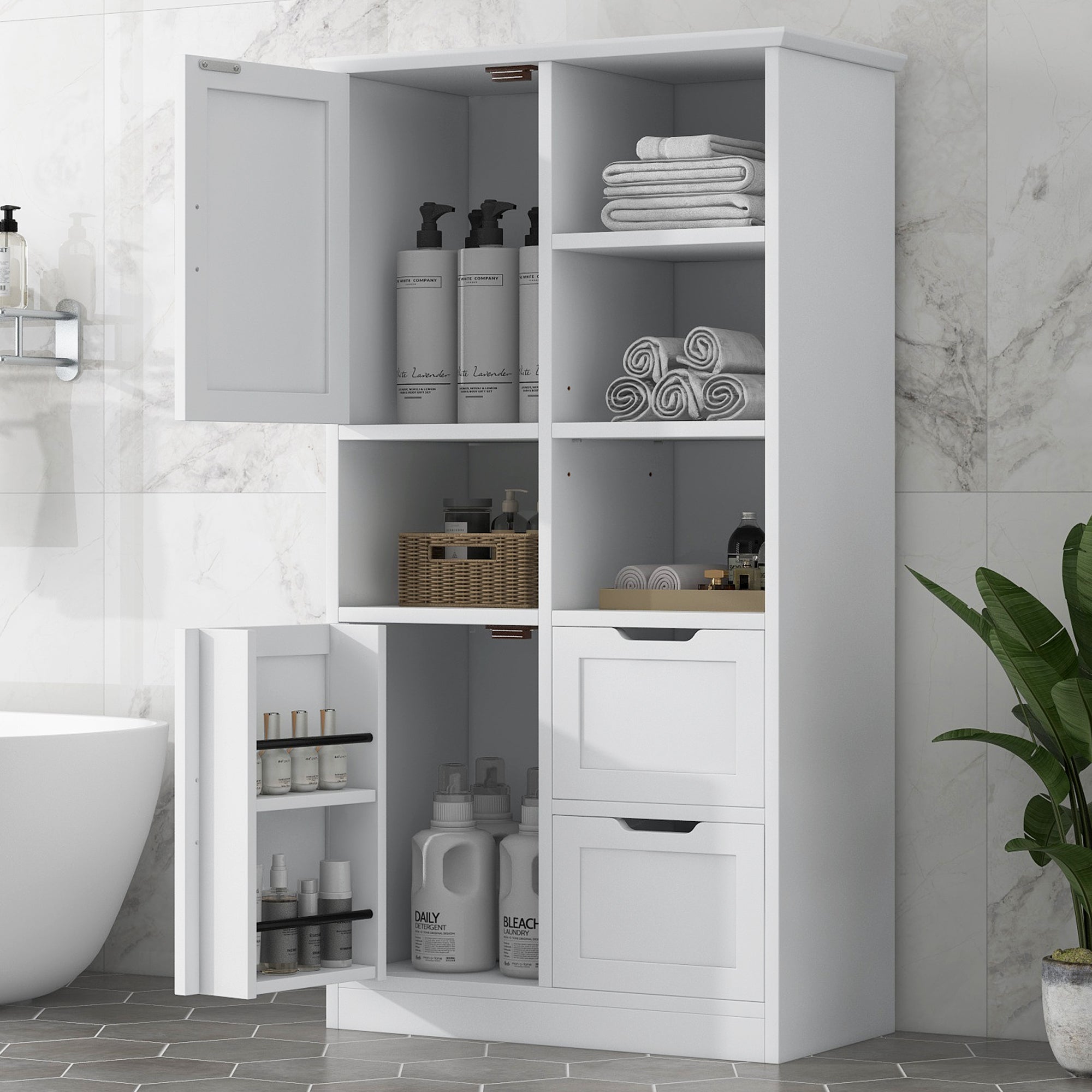 White Bathroom Storage Cabinet With Doors Drawers Shelves