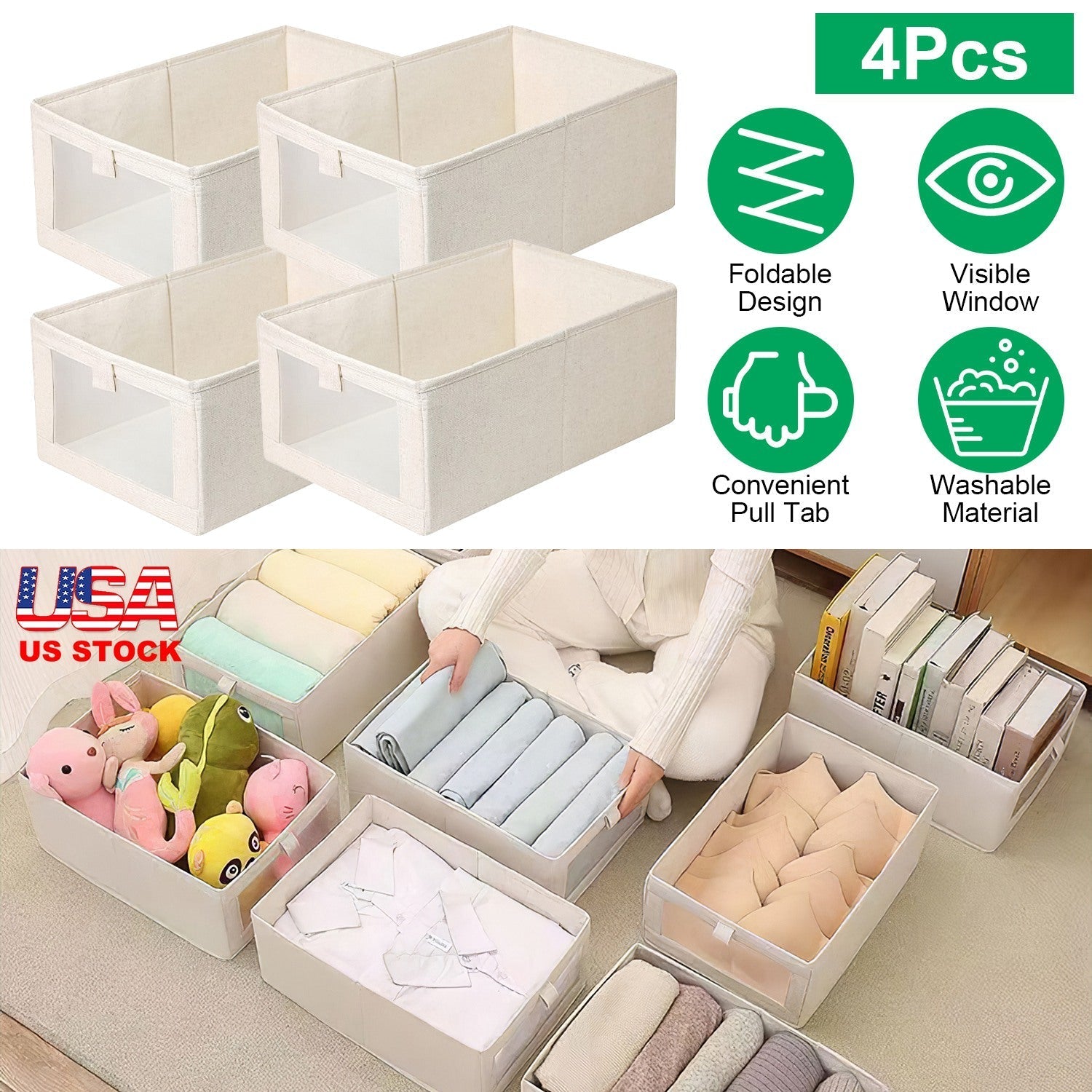 4-Pack Foldable Linen Storage Bins With Clear Window