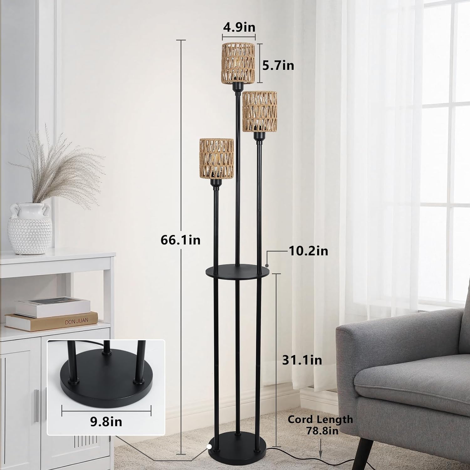Boho Floor Lamp With Shelves Rattan Shades