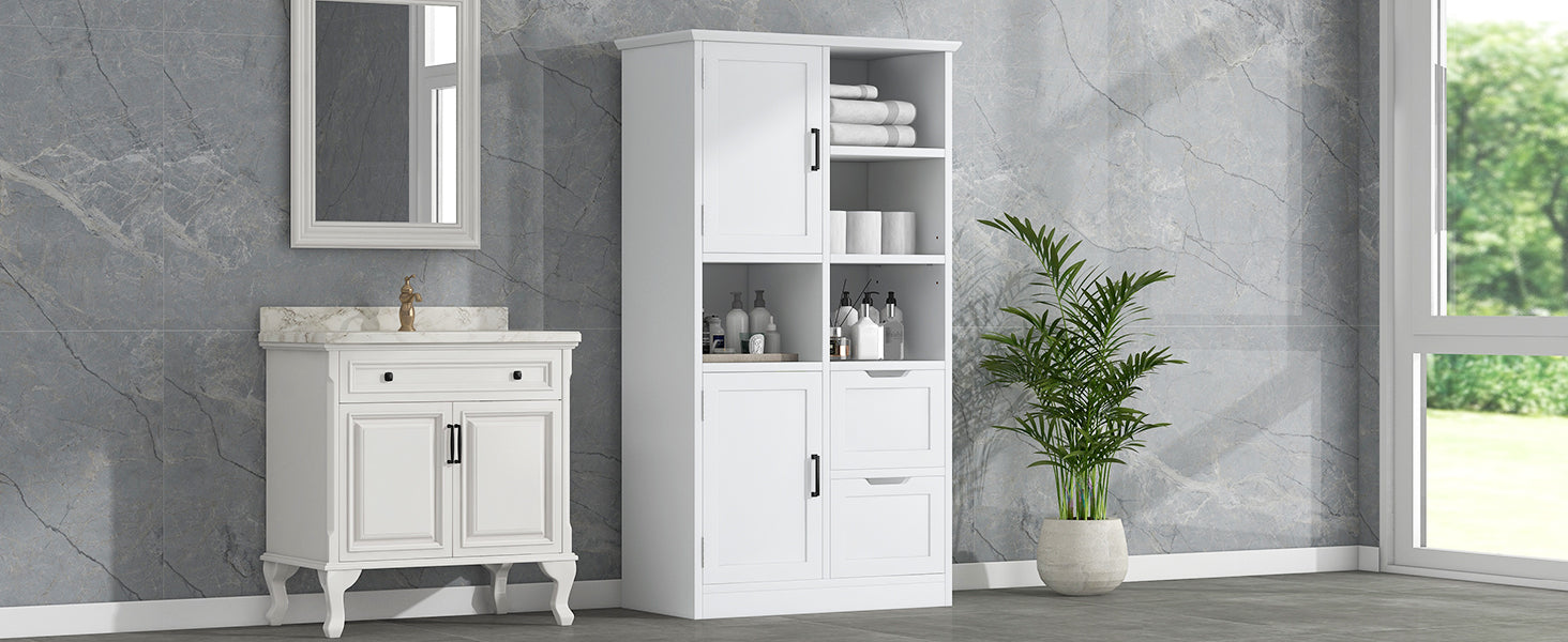White Bathroom Storage Cabinet With Doors Drawers Shelves