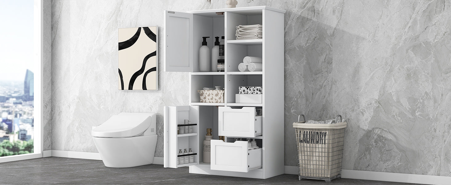 White Bathroom Storage Cabinet With Doors Drawers Shelves