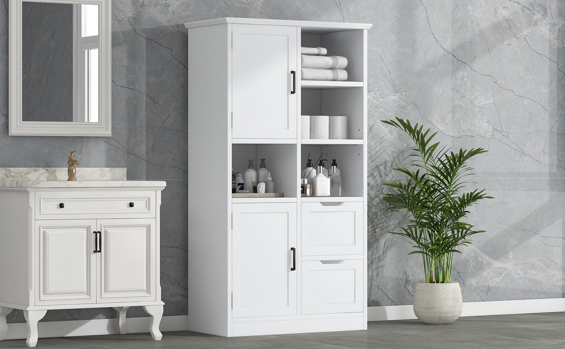 White Bathroom Storage Cabinet With Doors Drawers Shelves