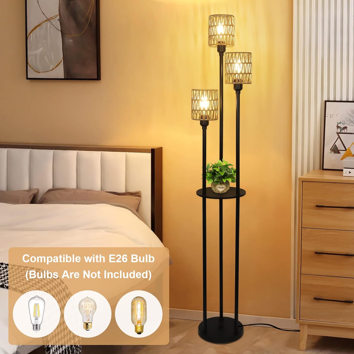 Boho Floor Lamp With Shelves Rattan Shades