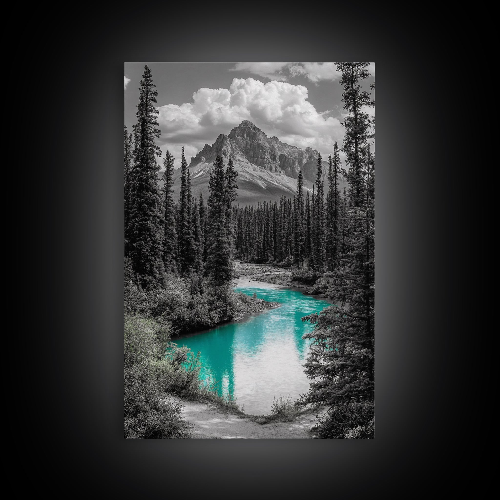 Mountain River, Turquoise Stream, Serene Nature Scene, Canvas Print, Living Room Wall Art, Minimal Landscape Decor, Cabin Vibes