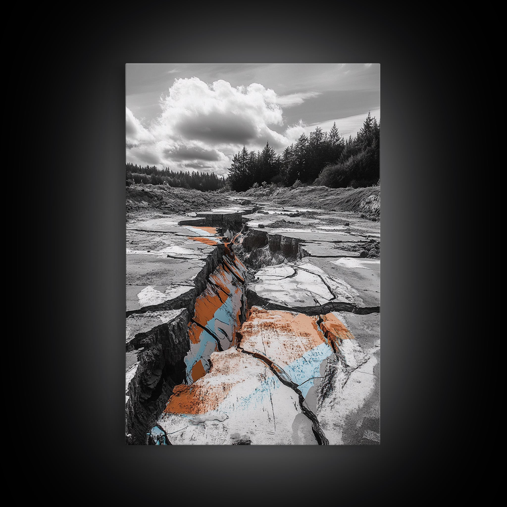 Cracked Earth, Desert Scene, Color Splash Photography, Framed Canvas Print, Modern Nature Wall Art, Industrial Decor, Earth Tones