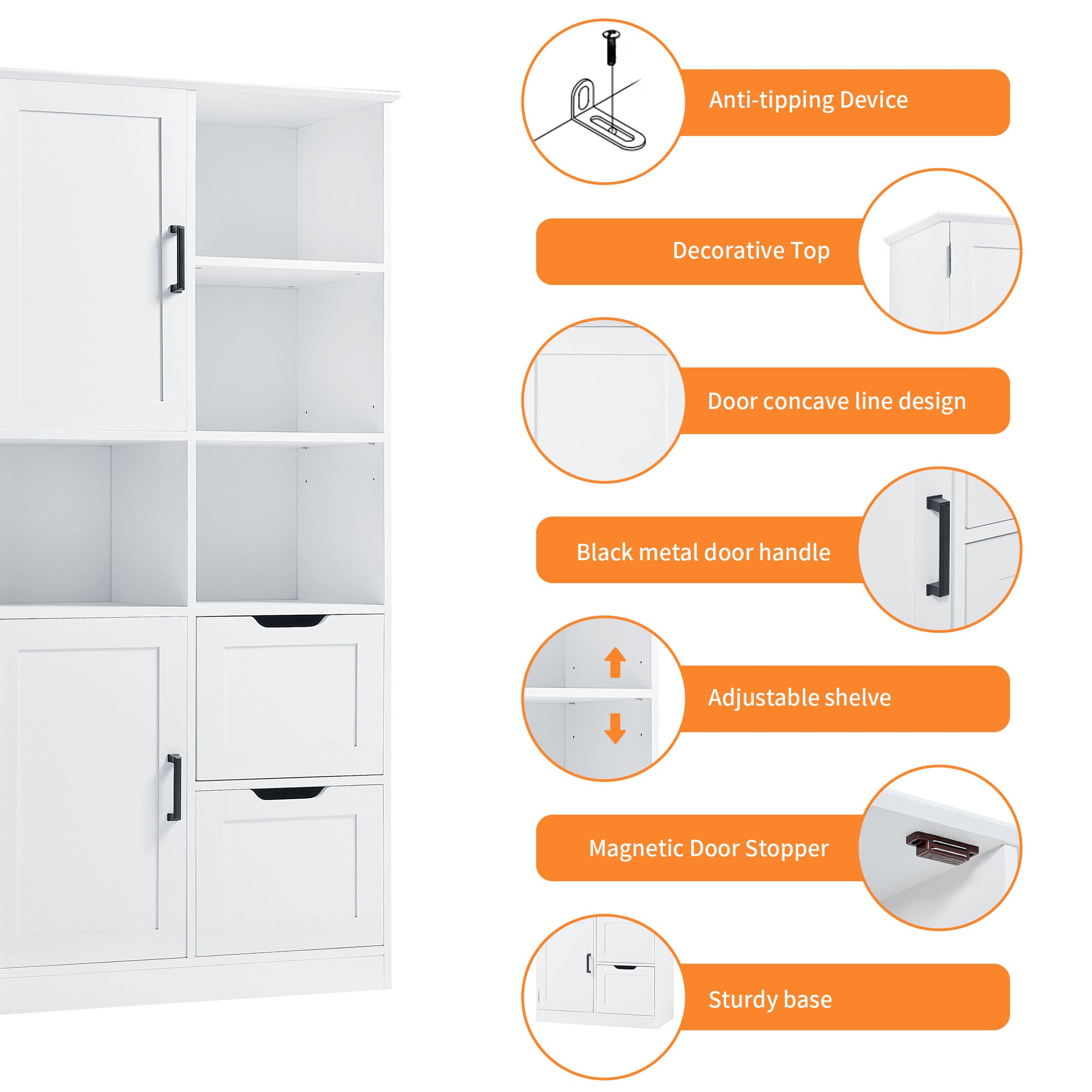White Bathroom Storage Cabinet With Doors Drawers Shelves