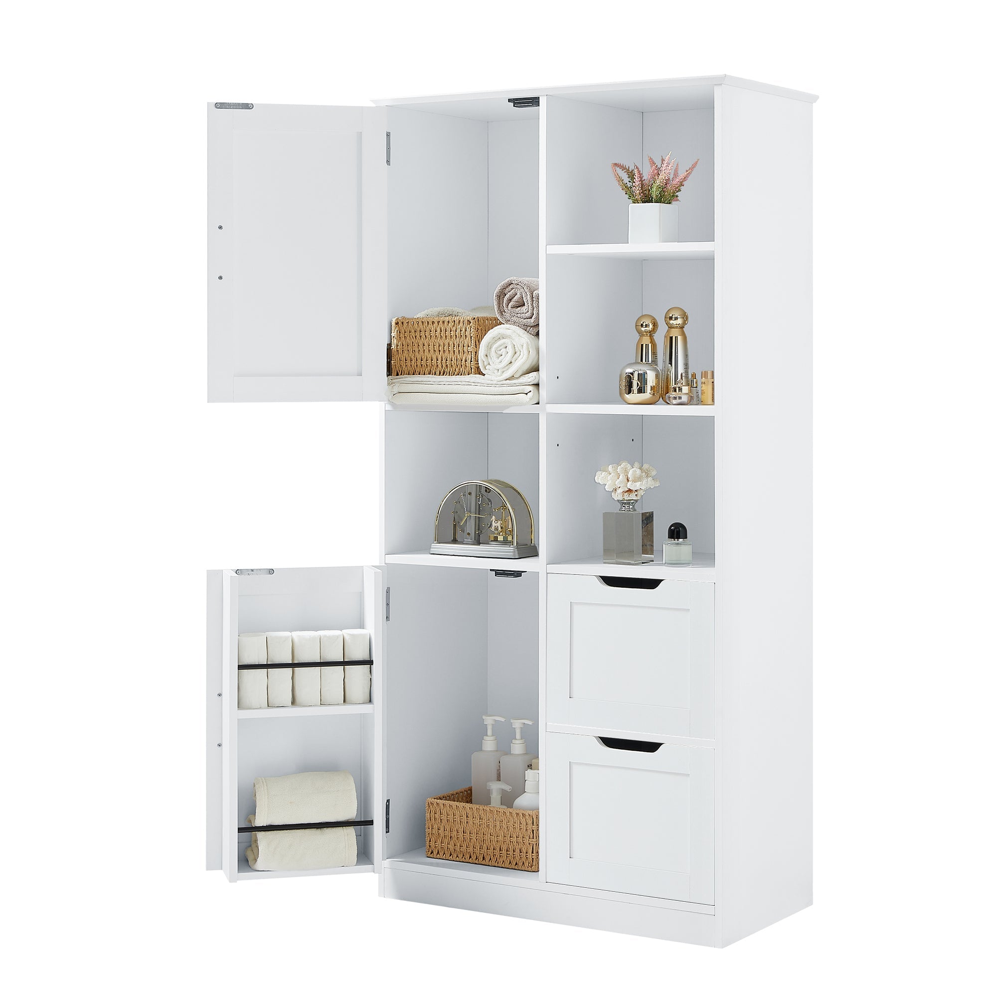 White Bathroom Storage Cabinet With Doors Drawers Shelves