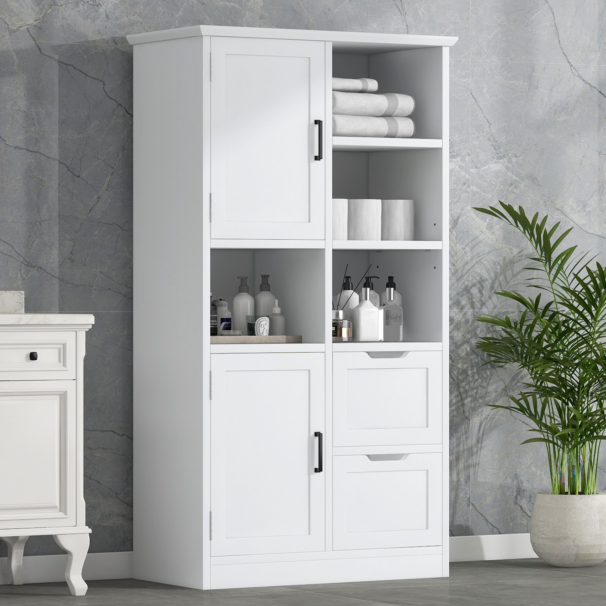 White Bathroom Storage Cabinet With Doors Drawers Shelves