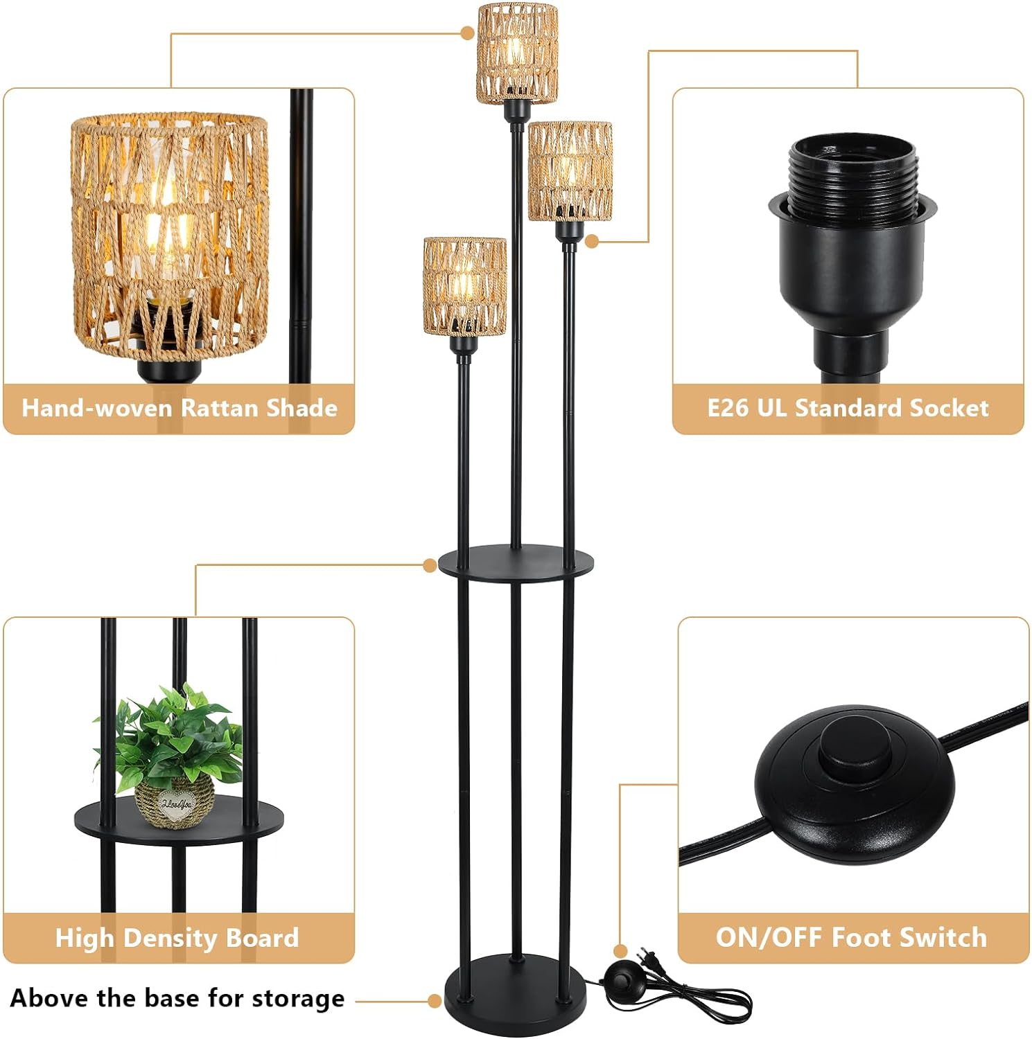 Boho Floor Lamp With Shelves Rattan Shades