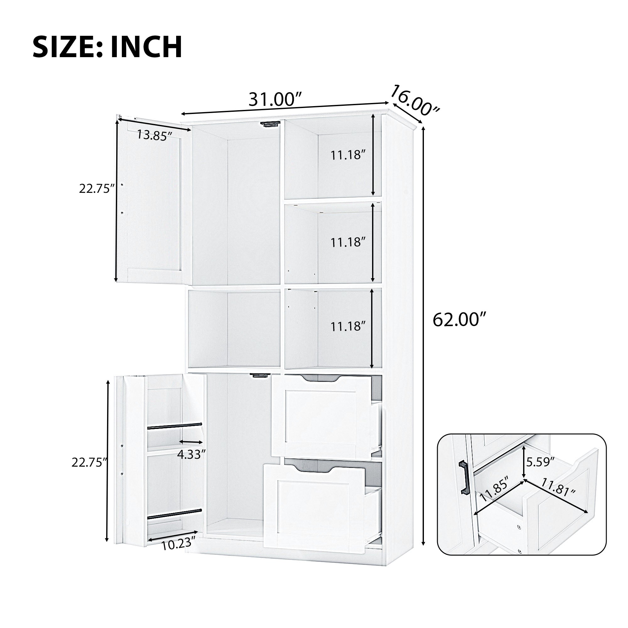 White Bathroom Storage Cabinet With Doors Drawers Shelves