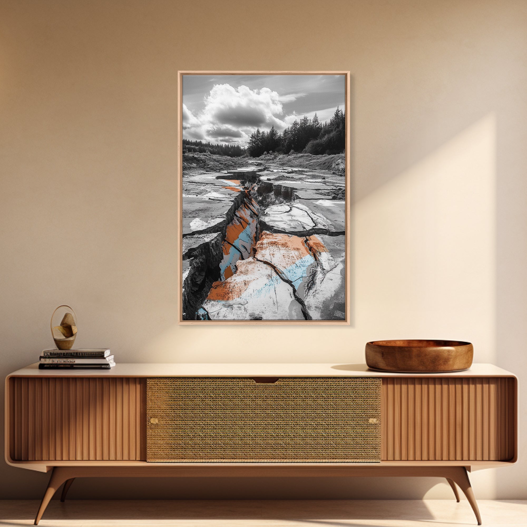 Cracked Earth, Desert Scene, Color Splash Photography, Framed Canvas Print, Modern Nature Wall Art, Industrial Decor, Earth Tones