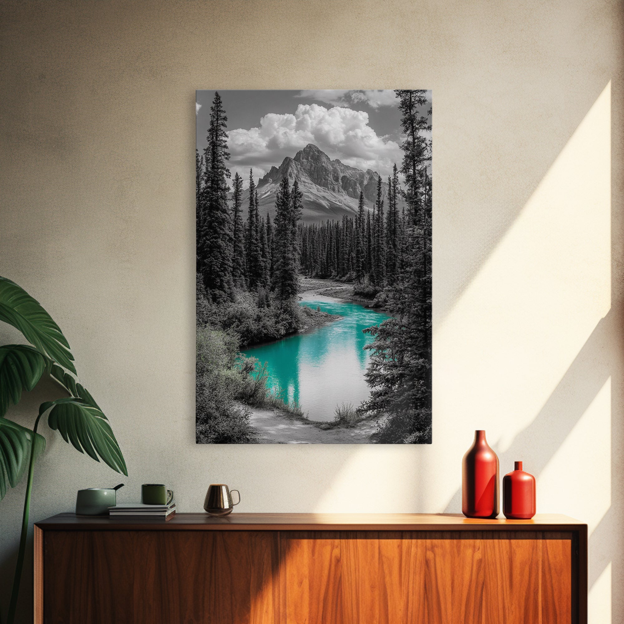 Mountain River, Turquoise Stream, Serene Nature Scene, Canvas Print, Living Room Wall Art, Minimal Landscape Decor, Cabin Vibes