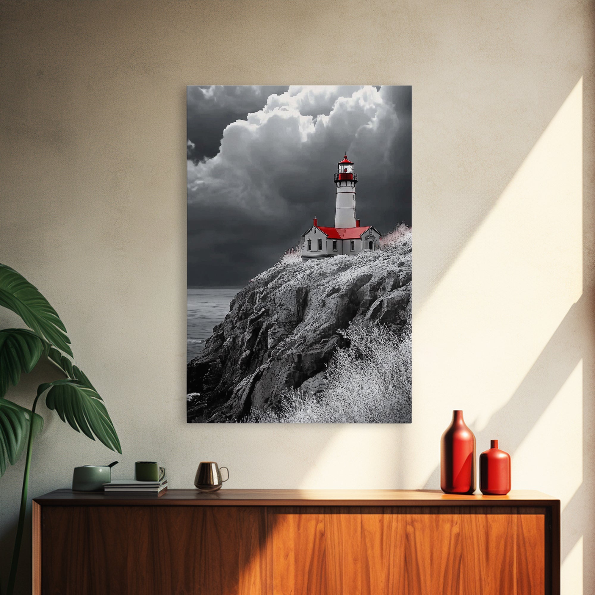 Stormy Lighthouse, Red Roof, Dramatic Coastline, Canvas Print, Coastal Wall Decor, Nautical Art, Living Room Wall Art, Rustic Home Art
