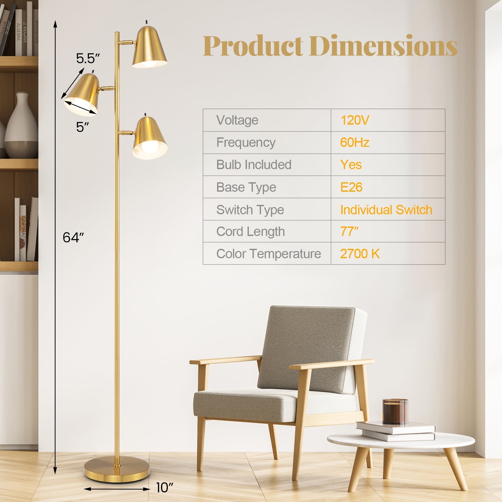 64-Inch 3-Light LED Floor Lamp Reading Light