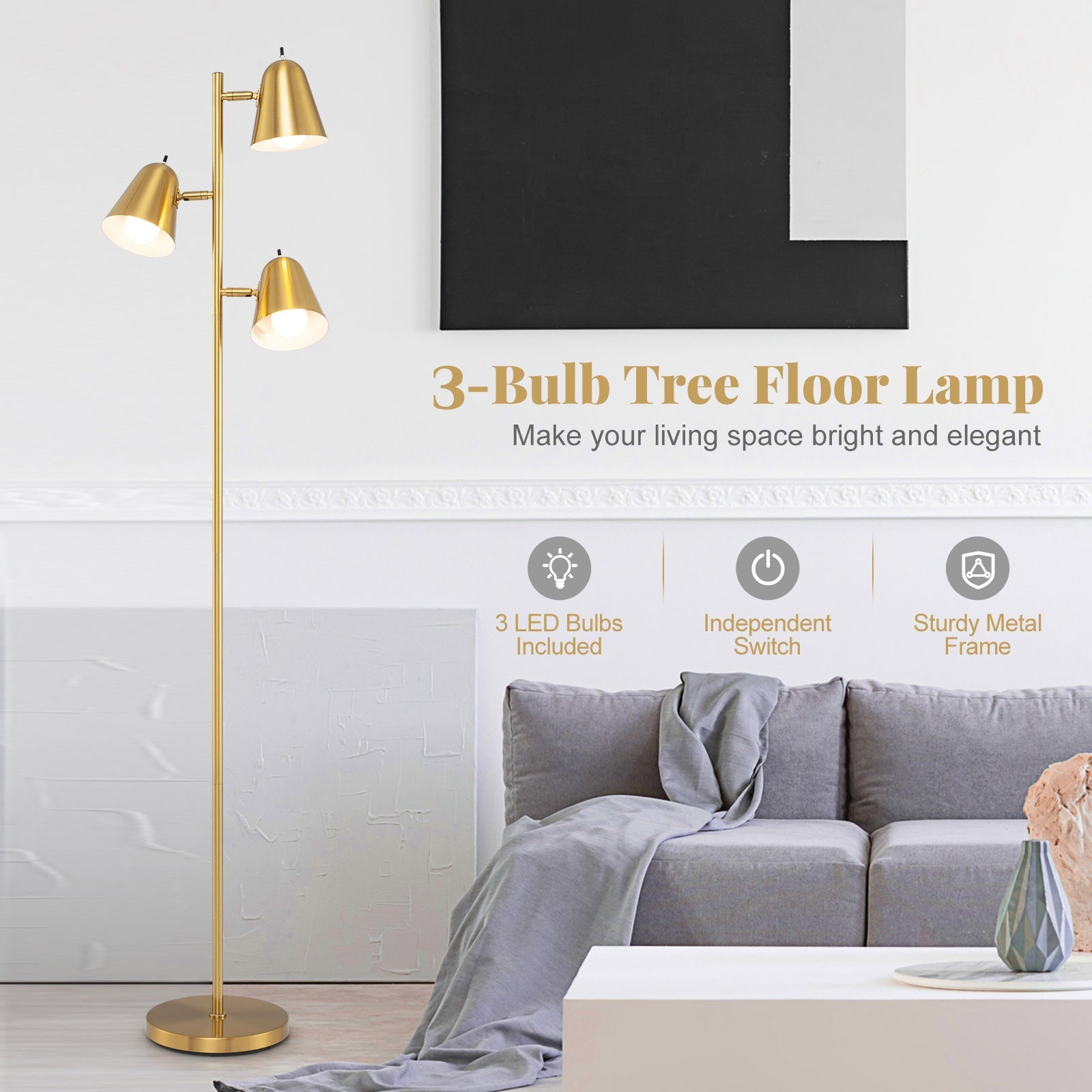 64-Inch 3-Light LED Floor Lamp Reading Light