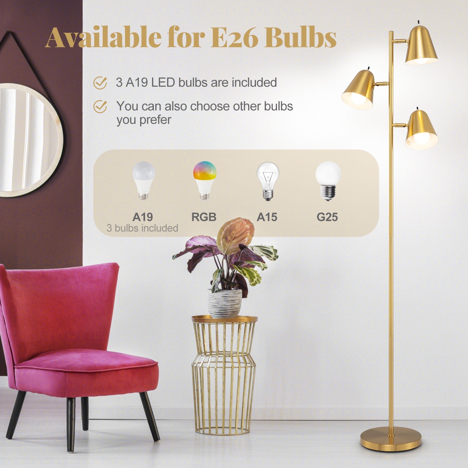 64-Inch 3-Light LED Floor Lamp Reading Light